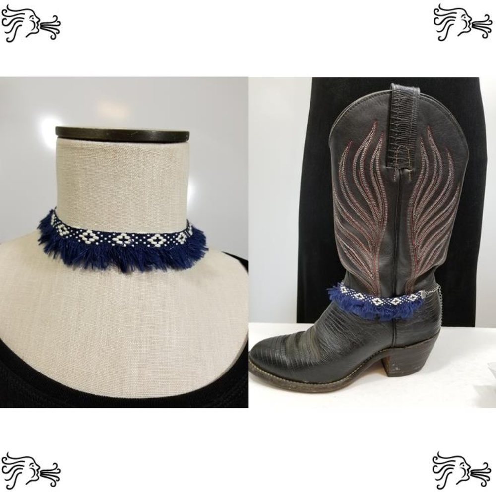 Navy Cream Fringe Boot Bling Necklace Choker